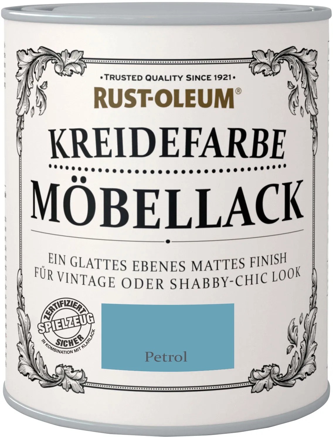 Plechovka kriedovej farby na nábytok Rust-Oleum Petrol Matt, vhodná pre vintage a shabby-chic vzhľad. Plechovka kriedovej farby na nábytok Rust-Oleum Petrol Matt, vhodná pre vintage a shabby-chic vzhľad.