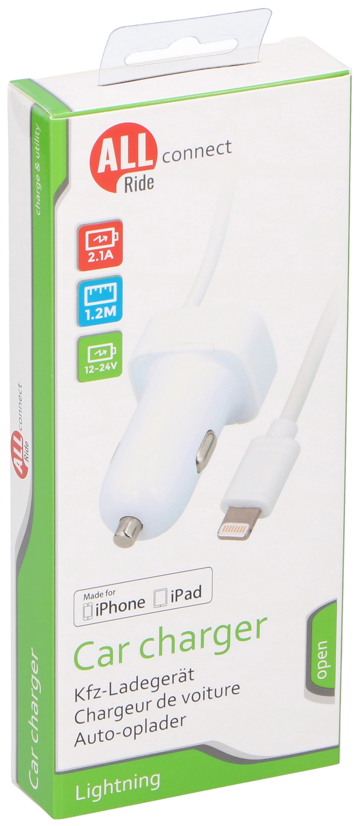 ALL RIDE Connect Nabíjačka do autozapaľovača Lightning s káblom, 2.1 A ALL RIDE Connect Nabíjačka do autozapaľovača Lightning s káblom, 2.1 A