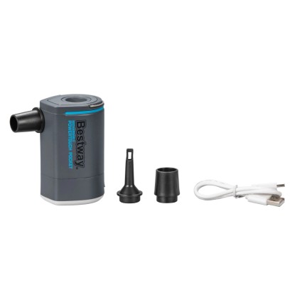 Akumulátorová vzduchová pumpa Bestway PowerTouch s adaptérmi a USB káblom. Kompaktná, sivá elektrická pumpa. Akumulátorová vzduchová pumpa Bestway PowerTouch s adaptérmi a USB káblom. Kompaktná, sivá elektrická pumpa.