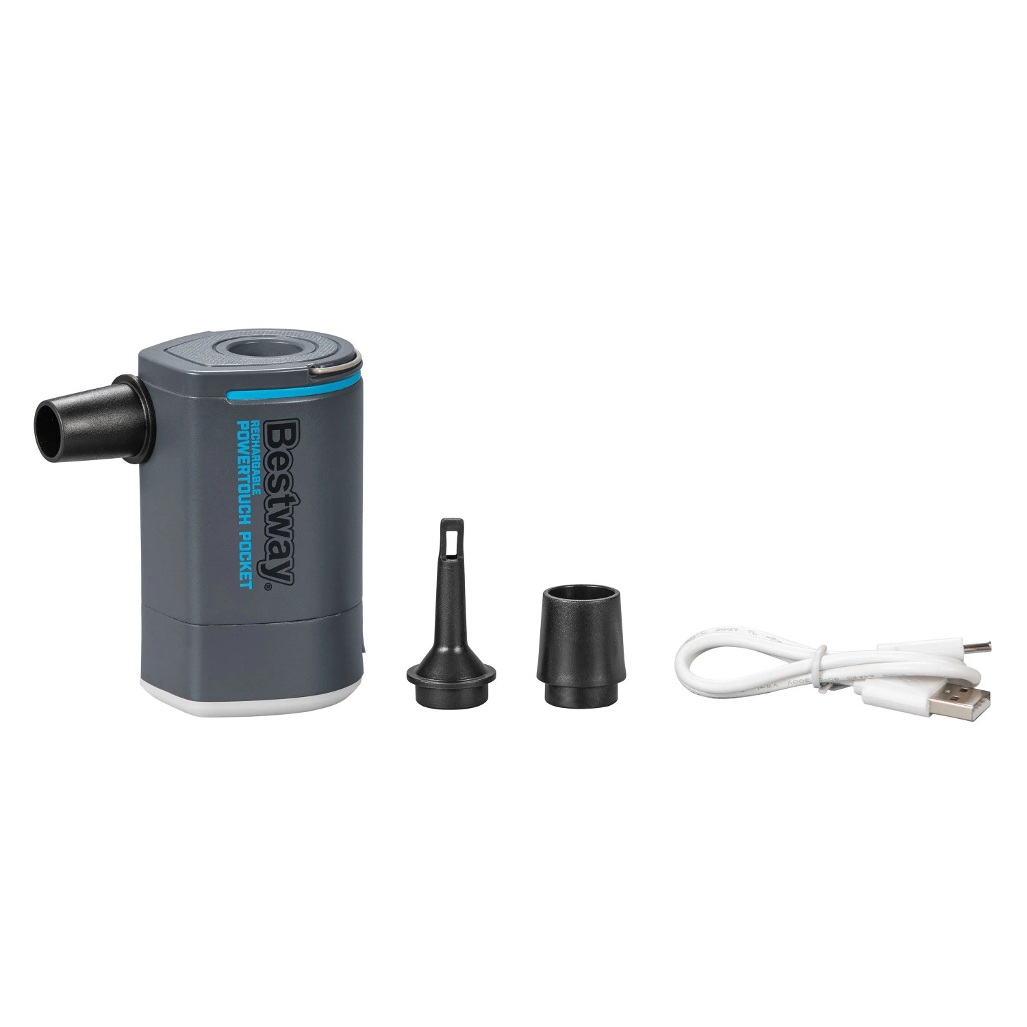Akumulátorová vzduchová pumpa Bestway PowerTouch s adaptérmi a USB káblom. Kompaktná, sivá elektrická pumpa. Akumulátorová vzduchová pumpa Bestway PowerTouch s adaptérmi a USB káblom. Kompaktná, sivá elektrická pumpa.