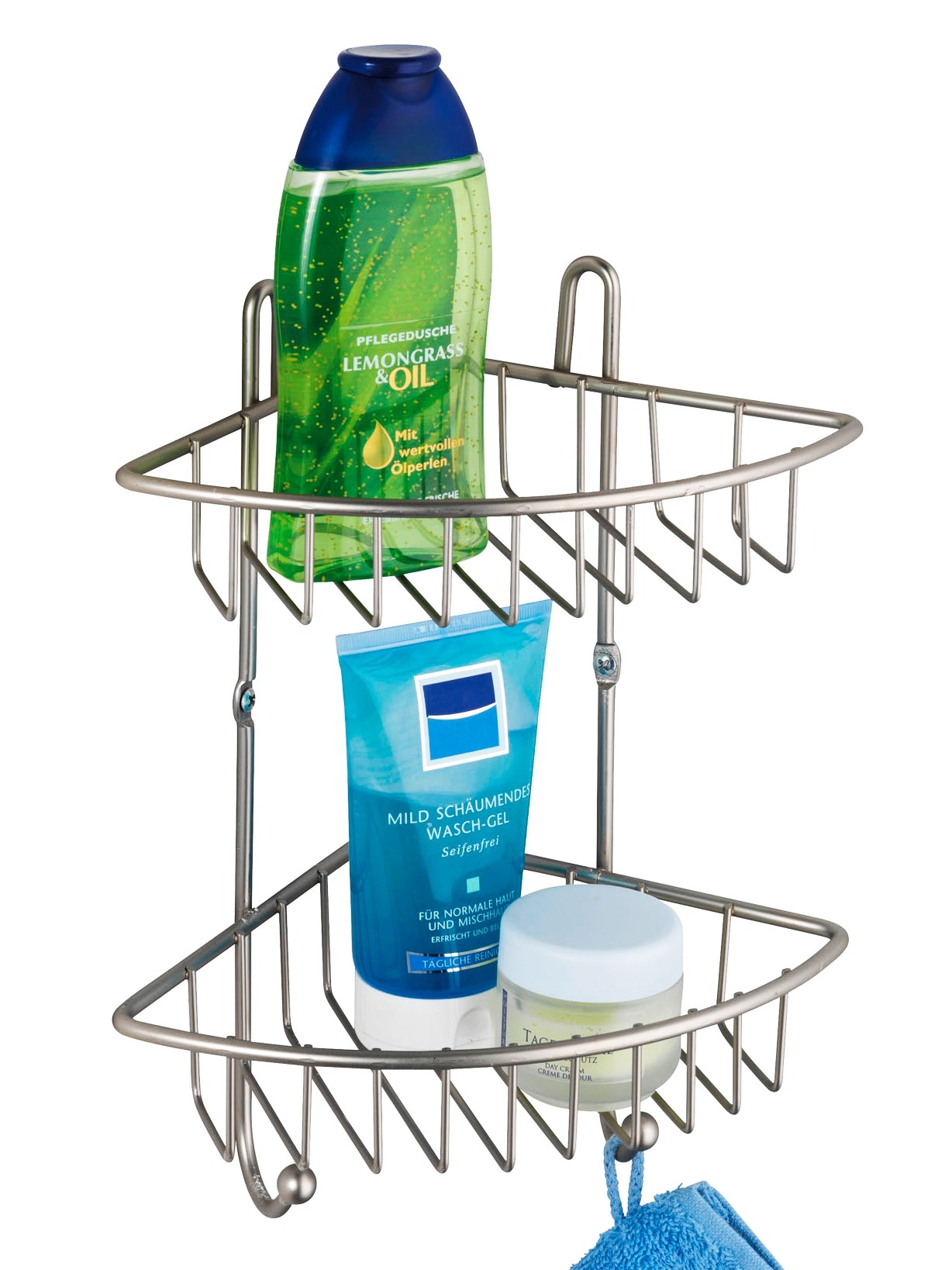 Wenko Kúpeľňový rohový regál Milano 2 háčiky/2 poličky satinovaný chróm Wenko Kúpeľňový rohový regál Milano 2 háčiky/2 poličky satinovaný chróm