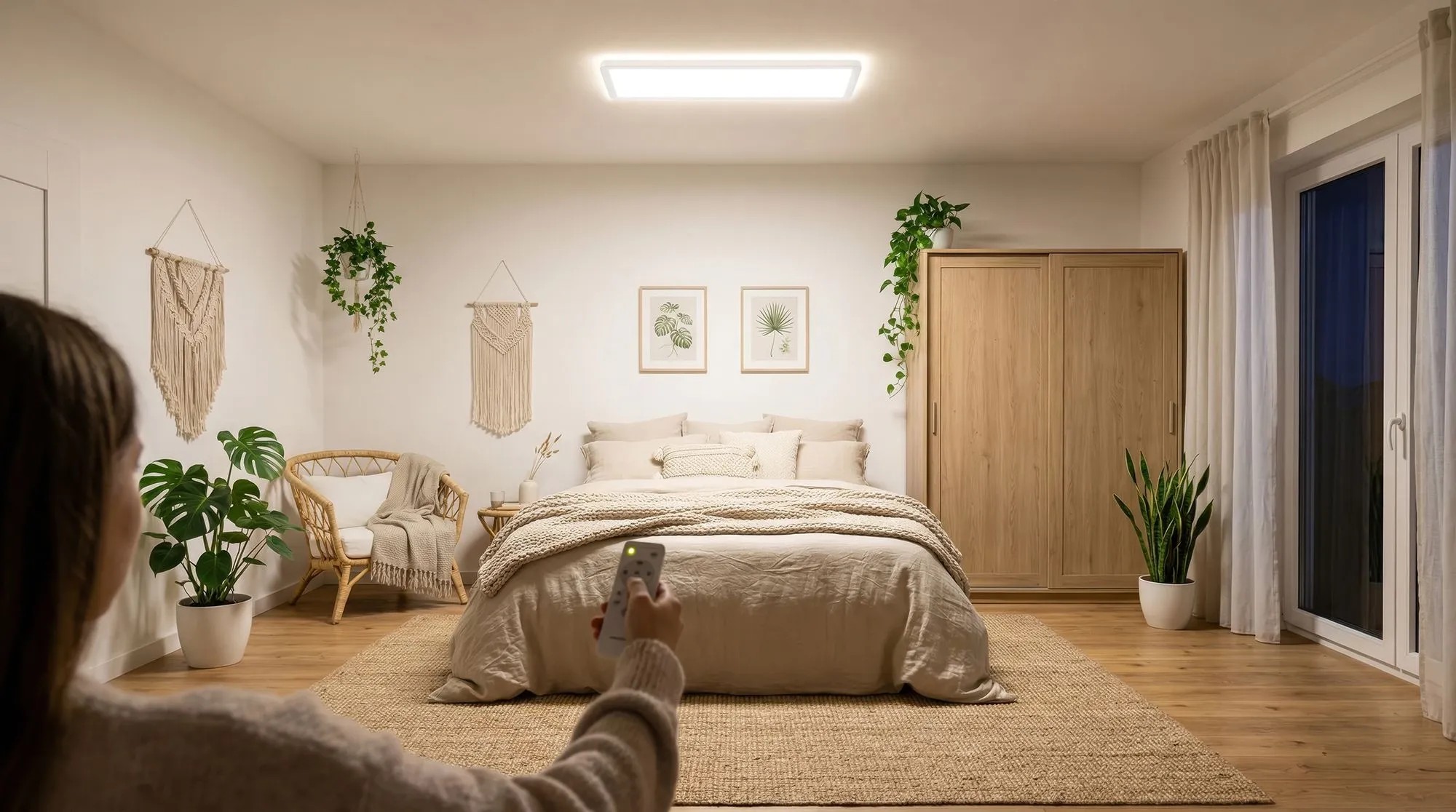 Biele LED panelové svietidlo Osram Planon Easyfix na strope spálne, ovládané diaľkovým ovládačom. Biele LED panelové svietidlo Osram Planon Easyfix na strope spálne, ovládané diaľkovým ovládačom.