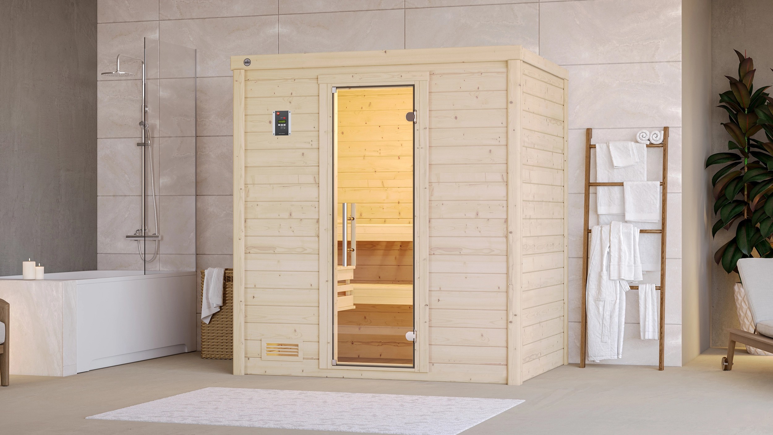 Weka Sauna z masívneho dreva Bergen sklenené dvere 198 x 148 x 203 Weka Sauna z masívneho dreva Bergen sklenené dvere 198 x 148 x 203