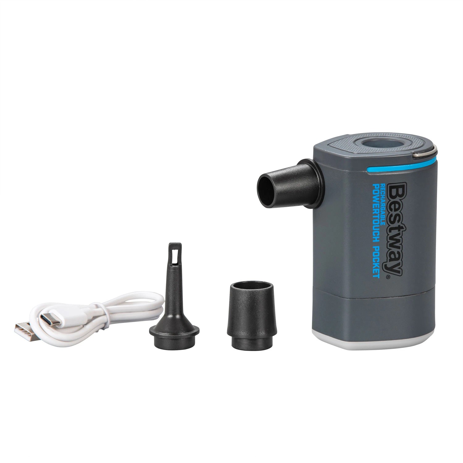 Akumulátorová vzduchová pumpa Bestway PowerTouch Pocket s príslušenstvom: adaptéry, USB kábel a pumpa. Akumulátorová vzduchová pumpa Bestway PowerTouch Pocket s príslušenstvom: adaptéry, USB kábel a pumpa.