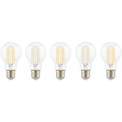 Energetický štítok pre LED žiarovku E27, trieda energetickej účinnosti E, spotreba 7 kWh/1000h. Energetický štítok pre LED žiarovku E27, trieda energetickej účinnosti E, spotreba 7 kWh/1000h.
