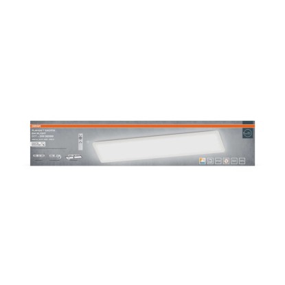 Biely obdĺžnikový LED panel Osram Planon Easyfix na obale produktu s diaľkovým ovládaním. Biely obdĺžnikový LED panel Osram Planon Easyfix na obale produktu s diaľkovým ovládaním.