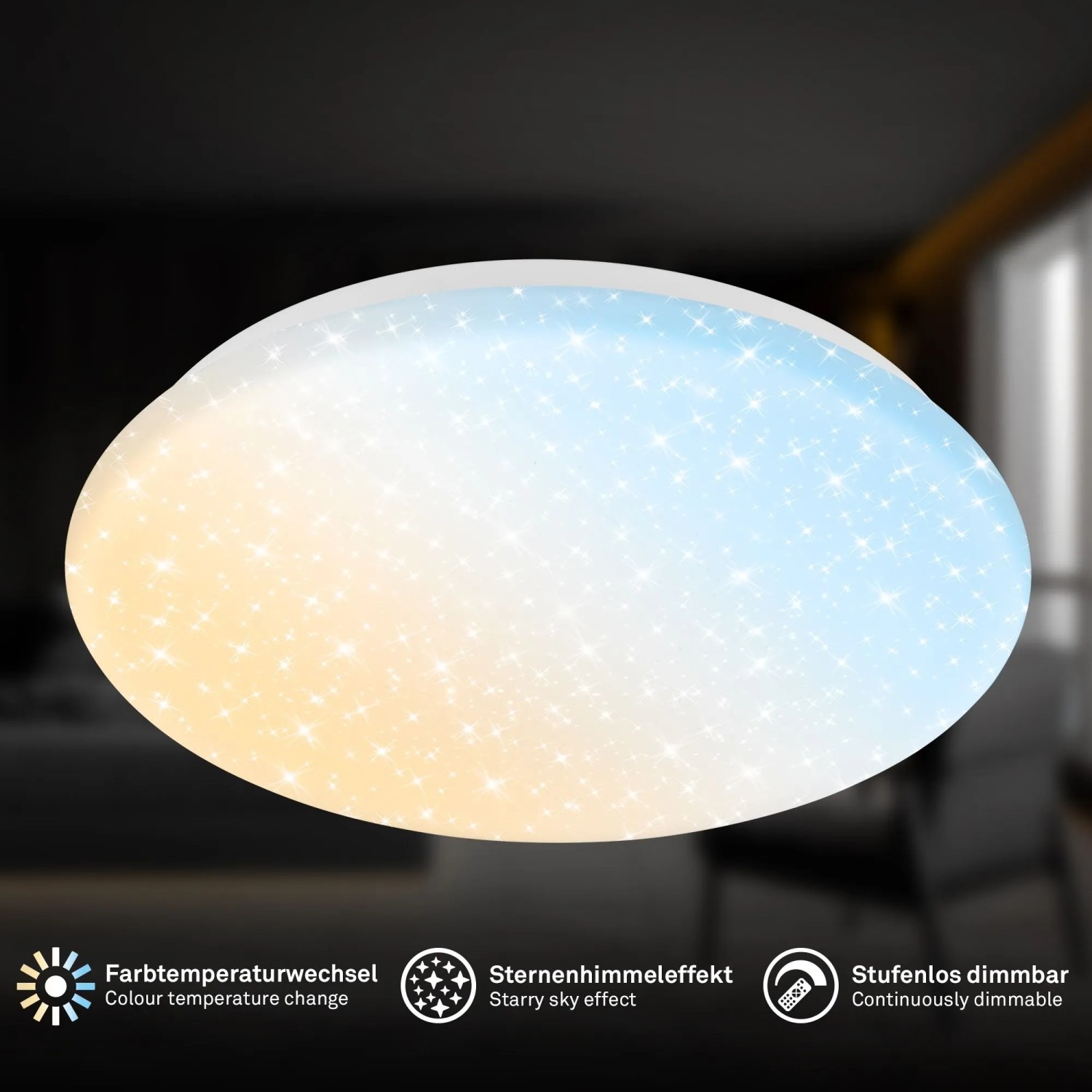 Biele okrúhle LED stropné svietidlo Brilo s efektom hviezdnej oblohy, stmievateľné, zmena farby, Ø 28 cm. Biele okrúhle LED stropné svietidlo Brilo s efektom hviezdnej oblohy, stmievateľné, zmena farby, Ø 28 cm.