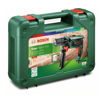 Príklepová vŕtačka Bosch EasyImpact 550 v zelenom kufríku. Príklepová vŕtačka Bosch EasyImpact 550 v zelenom kufríku.