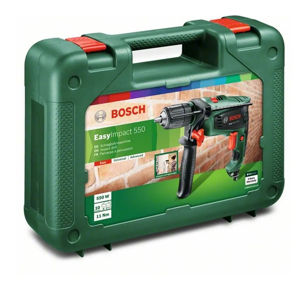 Príklepová vŕtačka Bosch EasyImpact 550 v zelenom kufríku. Príklepová vŕtačka Bosch EasyImpact 550 v zelenom kufríku.