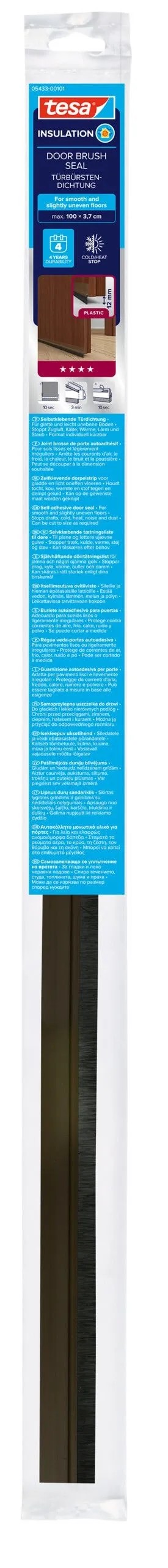 Hnedé kefové tesnenie dverí tesa® v balení. Samolepiace tesnenie dverí, chráni pred prievanom. Hnedé kefové tesnenie dverí tesa® v balení. Samolepiace tesnenie dverí, chráni pred prievanom.