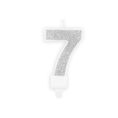 Trblietavá sviečka v tvare čísla 7, strieborná, ako darček. Trblietavá sviečka v tvare čísla 7, strieborná, ako darček.