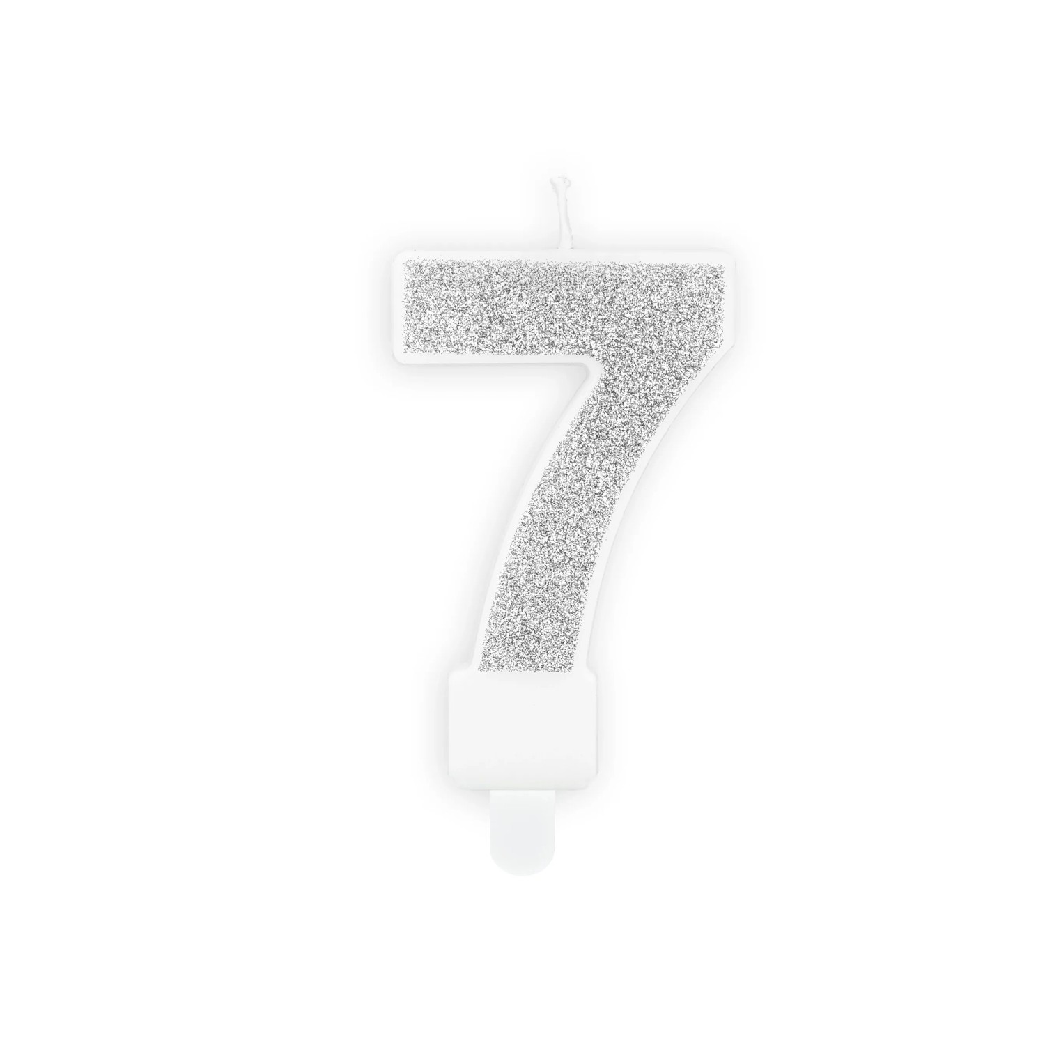 Trblietavá sviečka v tvare čísla 7, strieborná, ako darček. Trblietavá sviečka v tvare čísla 7, strieborná, ako darček.