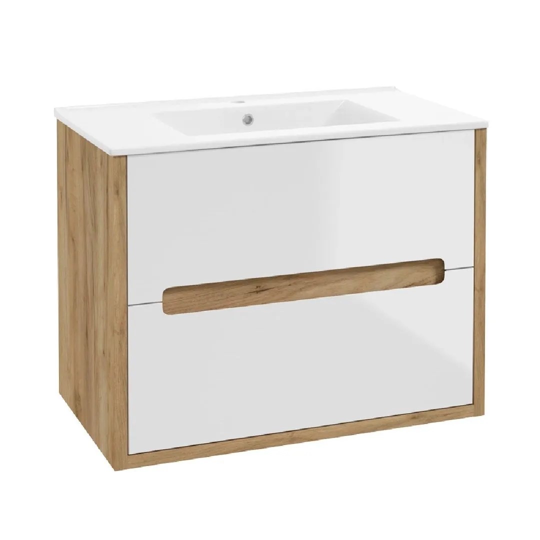 Defra Umývadlová skrinka NOBU D80 + PLAN 80, zlatý dub/biely lesk, 79x60x45cm Defra Umývadlová skrinka NOBU D80 + PLAN 80, zlatý dub/biely lesk, 79x60x45cm