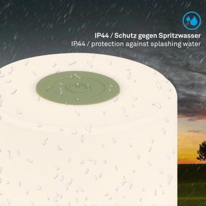 Zelená akumulátorová stolná lampa Brilo Smal s ochranou proti striekajúcej vode IP44 v daždi. Zelená akumulátorová stolná lampa Brilo Smal s ochranou proti striekajúcej vode IP44 v daždi.