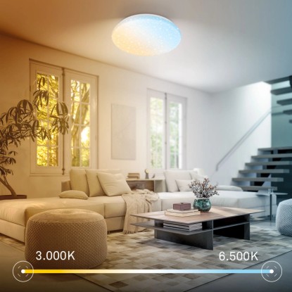 Stropné LED svietidlo Brilo s efektom hviezdnej oblohy, stmievateľné, v obývačke. Ukazuje farby svetla od teplej po dennú bielu. Stropné LED svietidlo Brilo s efektom hviezdnej oblohy, stmievateľné, v obývačke. Ukazuje farby svetla od teplej po dennú bielu.
