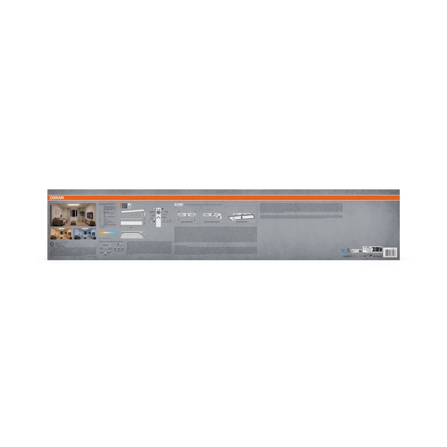 Sivé balenie LED panelu Osram Planon Easyfix. Zobrazuje biely LED panel, diaľkové ovládanie a príklady použitia. Sivé balenie LED panelu Osram Planon Easyfix. Zobrazuje biely LED panel, diaľkové ovládanie a príklady použitia.