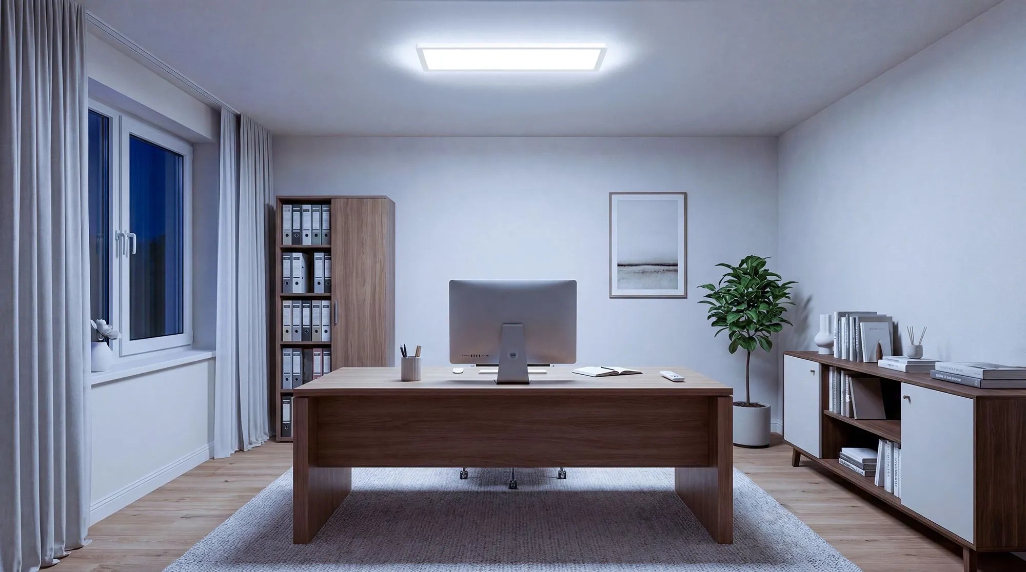 Obdĺžnikový biely LED panel Osram na strope modernej kancelárie, jasne a rovnomerne osvetľujúci miestnosť. Obdĺžnikový biely LED panel Osram na strope modernej kancelárie, jasne a rovnomerne osvetľujúci miestnosť.