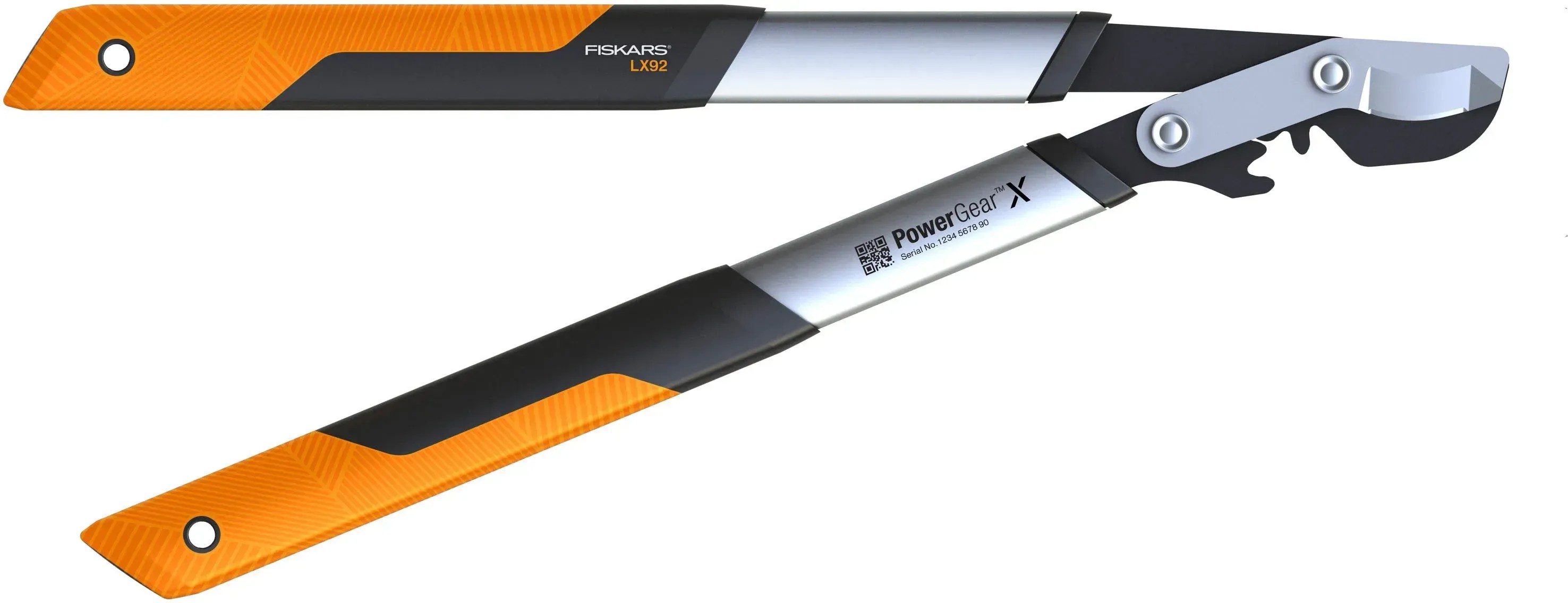Prevodové nožnice na konáre Fiskars PowerGearX LX92-S s oranžovo-čiernymi rukoväťami a striebornými ramenami. Prevodové nožnice na konáre Fiskars PowerGearX LX92-S s oranžovo-čiernymi rukoväťami a striebornými ramenami.