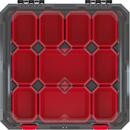 Triediaci box s 10 červenými priehradkami na náradie, skrutky a drobné diely. Triediaci box s 10 červenými priehradkami na náradie, skrutky a drobné diely.