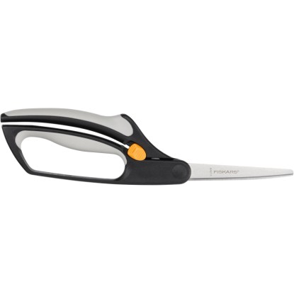 Nožnice na buxus Fiskars S50 so sivo-čiernou rukoväťou a oranžovou aretáciou. Nožnice na buxus Fiskars S50 so sivo-čiernou rukoväťou a oranžovou aretáciou.