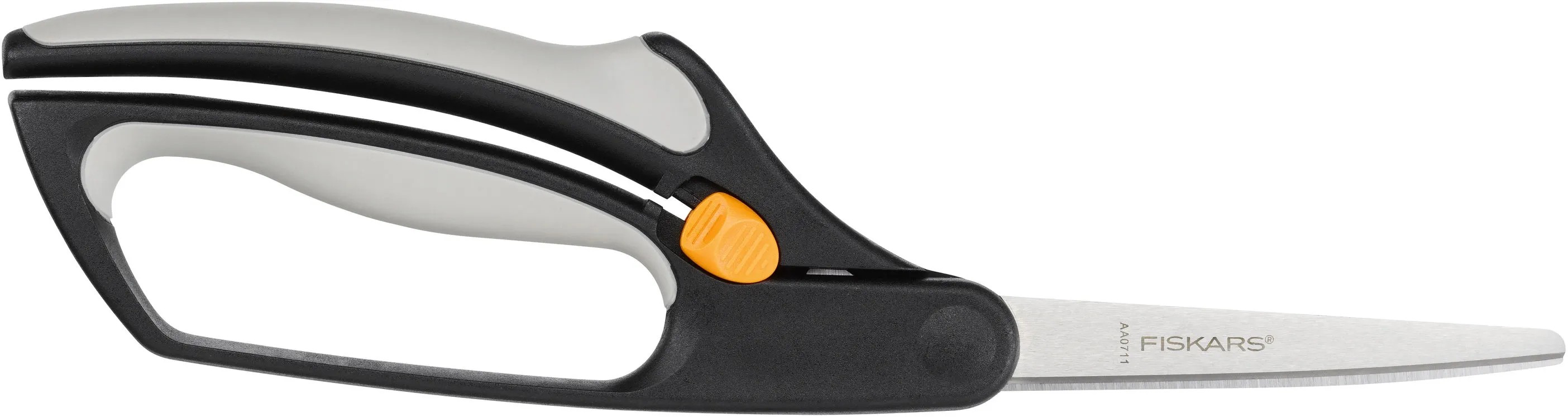 Nožnice na buxus Fiskars S50 so sivo-čiernou rukoväťou a oranžovou aretáciou. Nožnice na buxus Fiskars S50 so sivo-čiernou rukoväťou a oranžovou aretáciou.