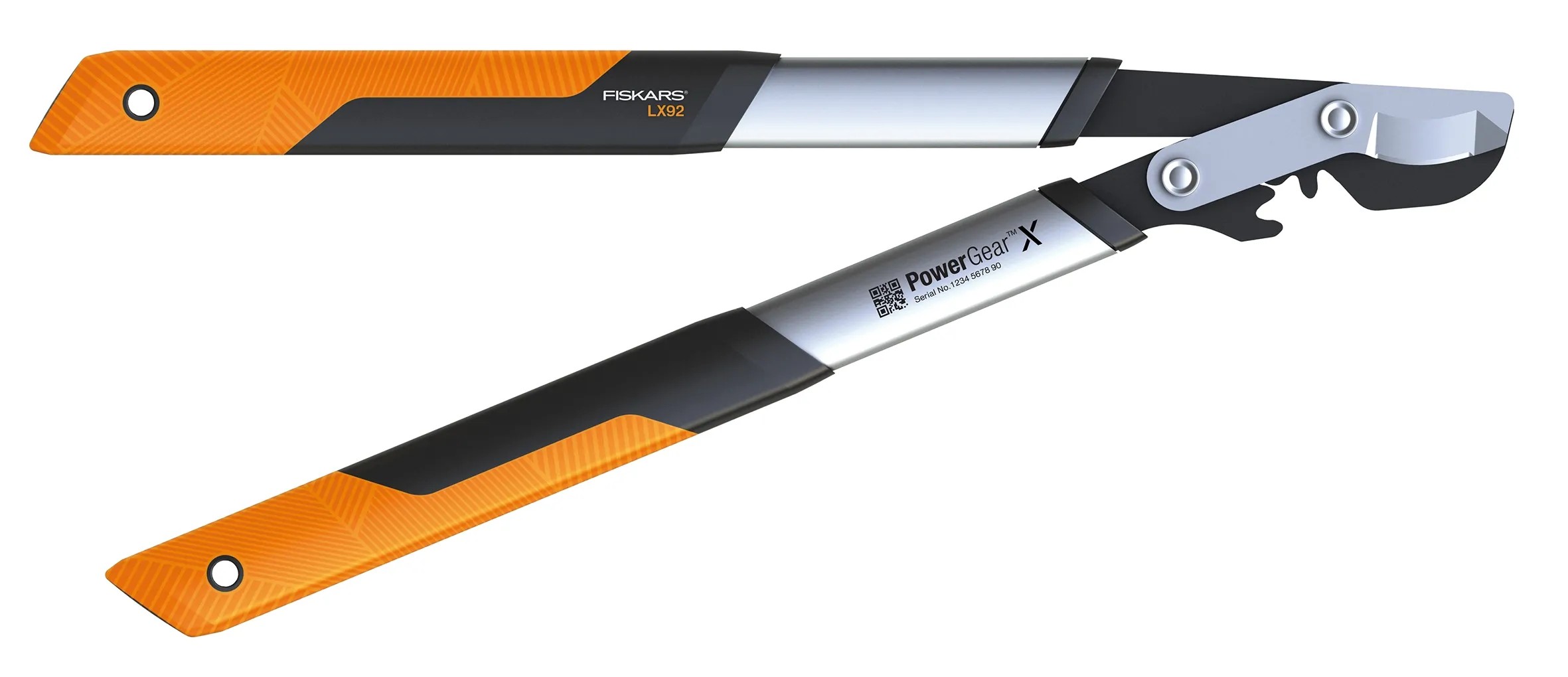 Prevodové nožnice na konáre Fiskars PowerGearX LX92-S s oranžovo-čiernymi rukoväťami a striebornými ramenami. Prevodové nožnice na konáre Fiskars PowerGearX LX92-S s oranžovo-čiernymi rukoväťami a striebornými ramenami.