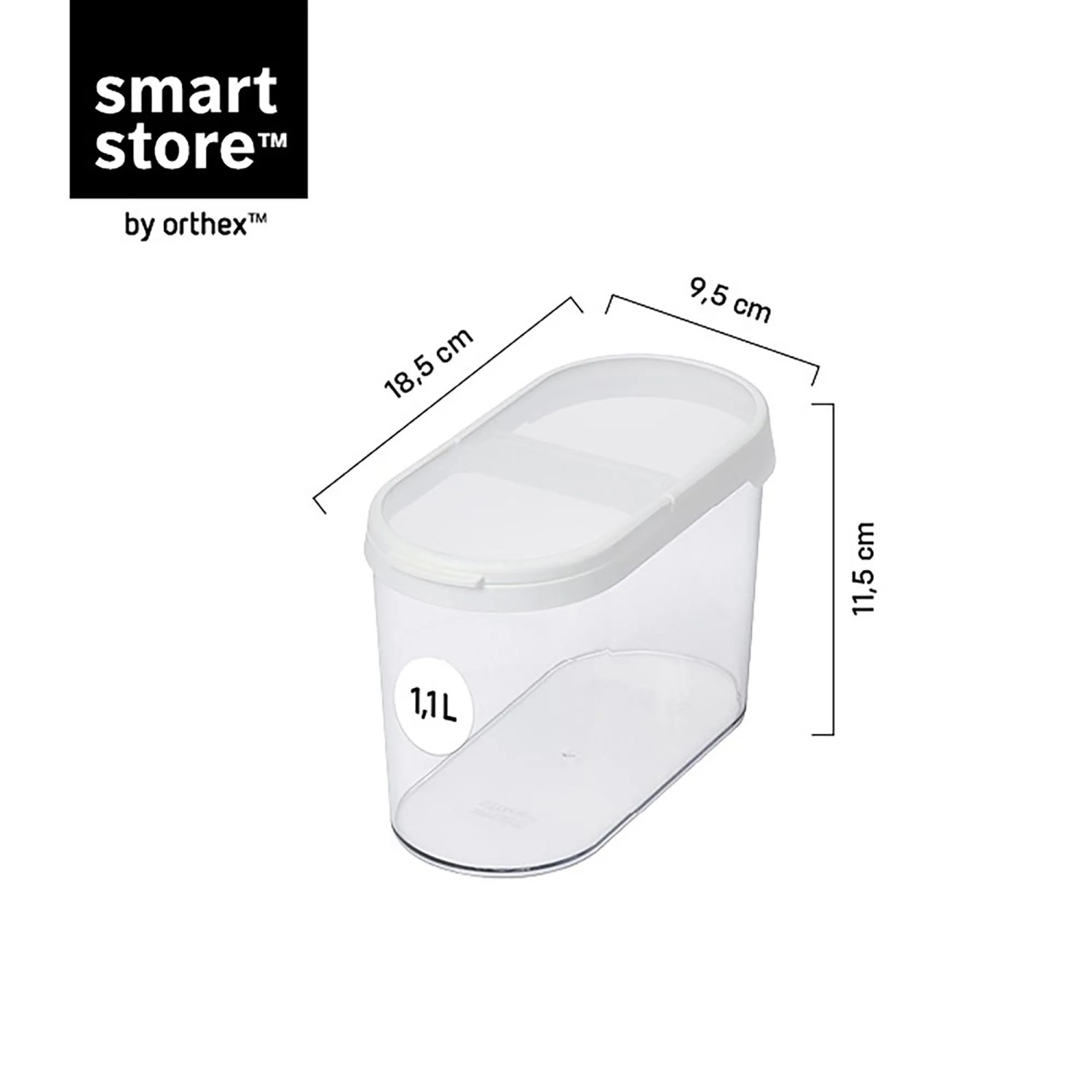 Priehľadná nádoba na suché potraviny SmartStore Flip 1,1 l na skladovanie potravín. Priehľadná nádoba na suché potraviny SmartStore Flip 1,1 l na skladovanie potravín.