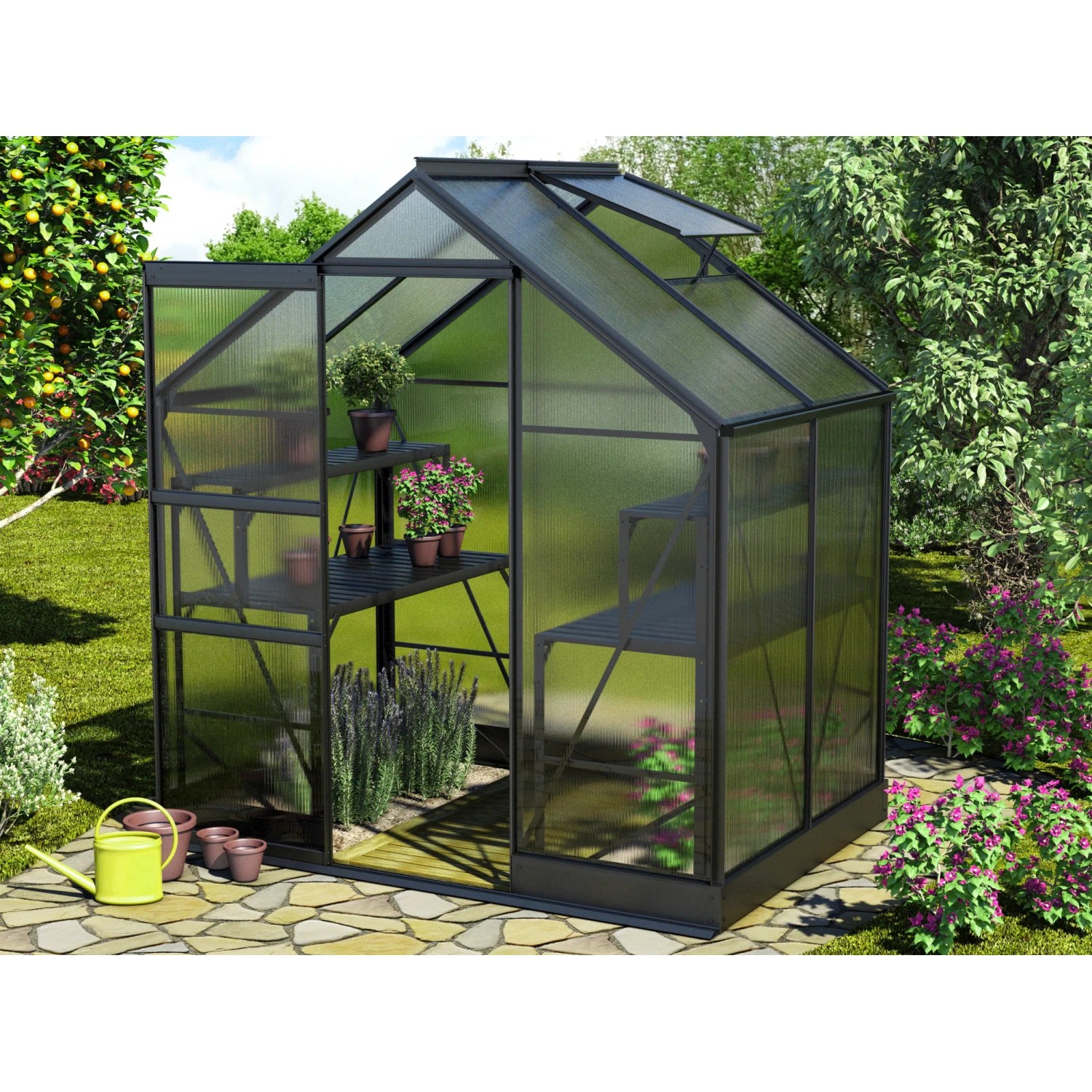 Skleník Vitavia Apollo 2500, čierny rám, 5 m² s otvorenými dverami a rastlinami. Skleník Vitavia Apollo 2500, čierny rám, 5 m² s otvorenými dverami a rastlinami.