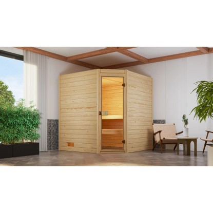 Rohová sauna z masívneho dreva Weka Valida so sklenenými dverami, pec 7,5 kW v sade. Smreková sauna s rohovým vstupom. Rohová sauna z masívneho dreva Weka Valida so sklenenými dverami, pec 7,5 kW v sade. Smreková sauna s rohovým vstupom.
