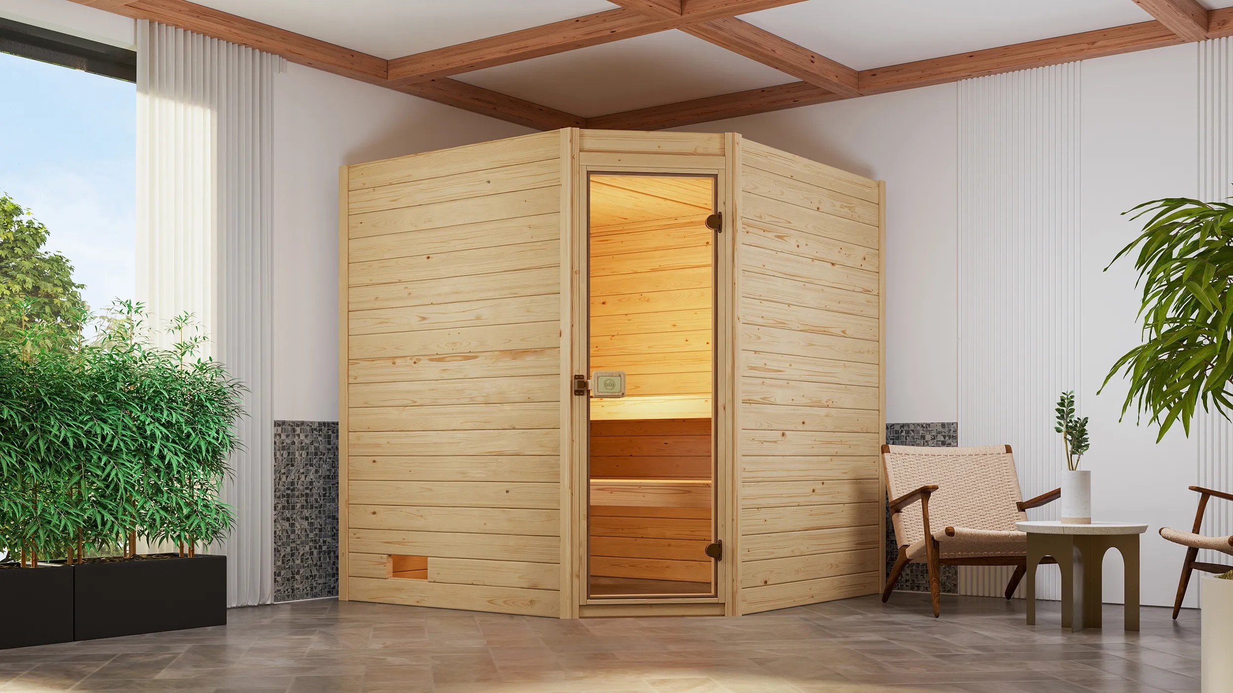 Rohová sauna z masívneho dreva Weka Valida so sklenenými dverami, pec 7,5 kW v sade. Smreková sauna s rohovým vstupom. Rohová sauna z masívneho dreva Weka Valida so sklenenými dverami, pec 7,5 kW v sade. Smreková sauna s rohovým vstupom.
