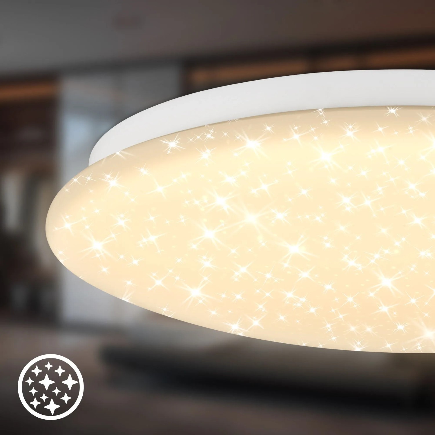 Biele okrúhle LED stropné svietidlo Brilo s trblietavým efektom hviezdnej oblohy, svietiace. Biele okrúhle LED stropné svietidlo Brilo s trblietavým efektom hviezdnej oblohy, svietiace.