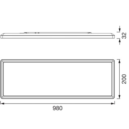Technický výkres LED panelu Osram Planon Easyfix s rozmermi 98x20x3,2 cm. Technický výkres LED panelu Osram Planon Easyfix s rozmermi 98x20x3,2 cm.