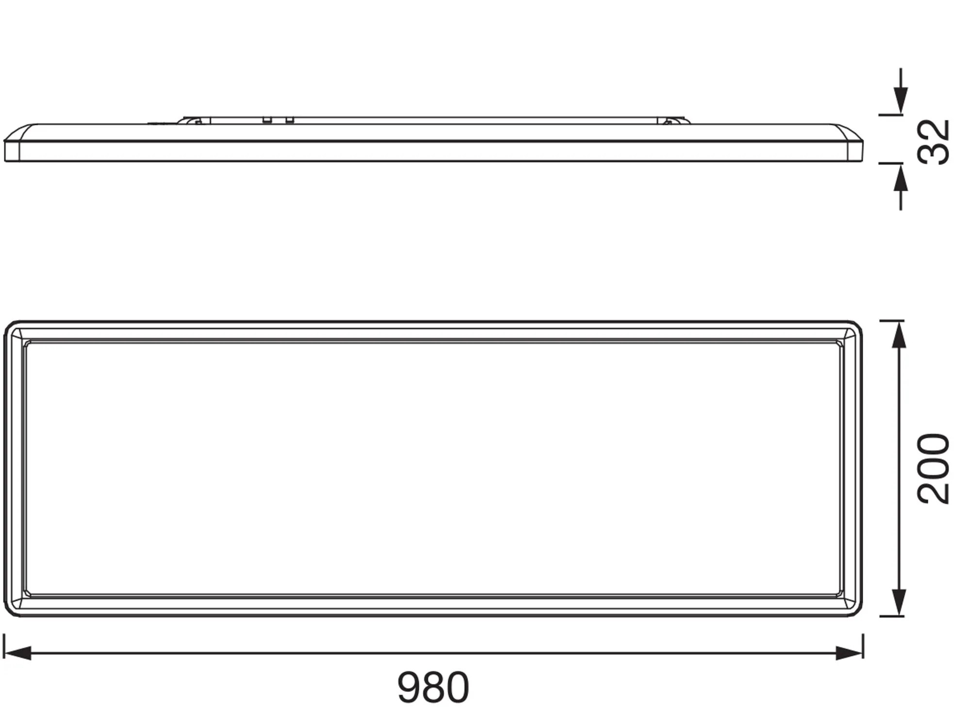 Technický výkres LED panelu Osram Planon Easyfix s rozmermi 98x20x3,2 cm. Technický výkres LED panelu Osram Planon Easyfix s rozmermi 98x20x3,2 cm.