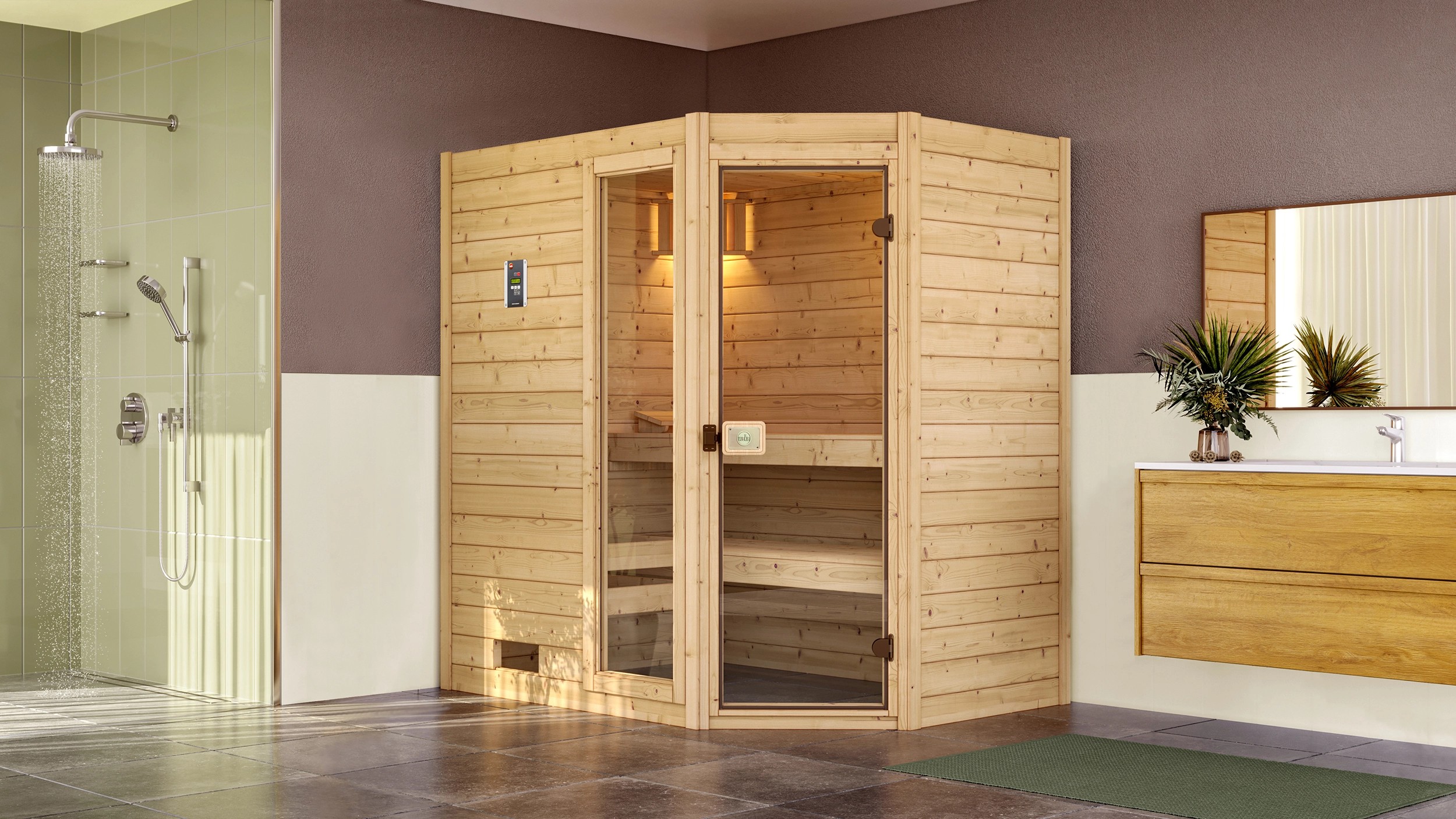 Weka Sauna z masívneho dreva 38 mm Valida rohová 1 so sklenenými dverami a okenn Weka Sauna z masívneho dreva 38 mm Valida rohová 1 so sklenenými dverami a okenn