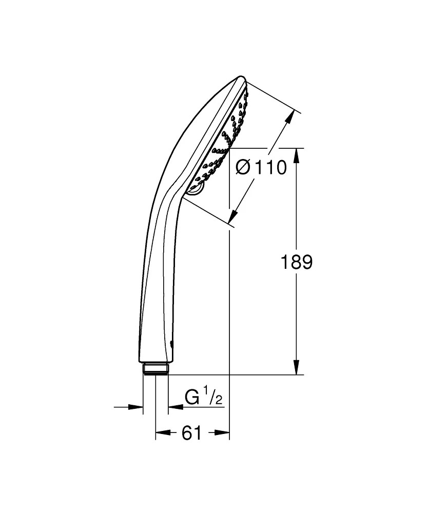 Technický nákres ručnej sprchy Grohe QuickFix Vitalio Joy 110 Duo v chróme s rozmermi. Technický nákres ručnej sprchy Grohe QuickFix Vitalio Joy 110 Duo v chróme s rozmermi.