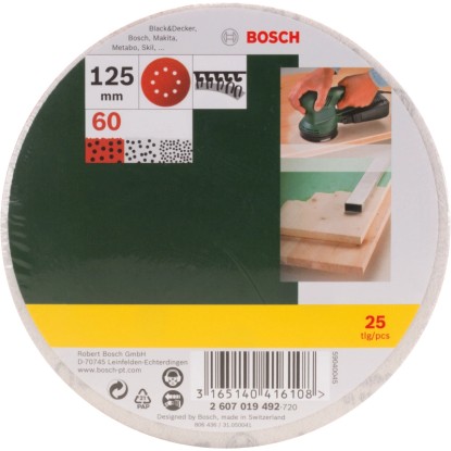 Sada brúsnych kotúčov Bosch, 25 kusov, zrnitosť K60, Ø 125 mm, pre excentrické brúsky. Sada brúsnych kotúčov Bosch, 25 kusov, zrnitosť K60, Ø 125 mm, pre excentrické brúsky.