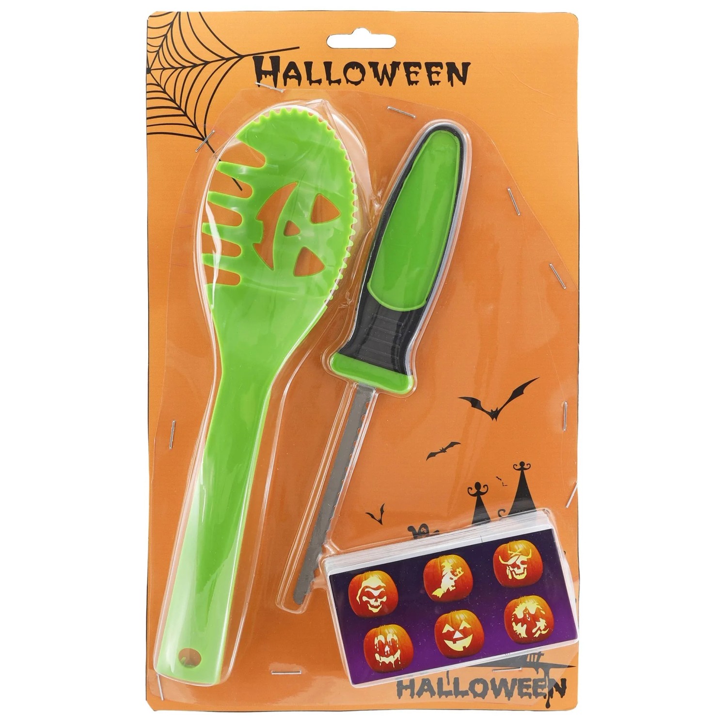 Viacfarebná plastová súprava na vyrezávanie tekvíc na Halloween. Obsahuje lopatku, nástroj a šablóny. Viacfarebná plastová súprava na vyrezávanie tekvíc na Halloween. Obsahuje lopatku, nástroj a šablóny.