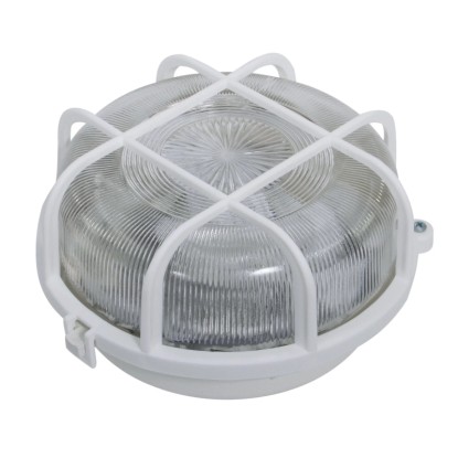 Biele okrúhle plastové svetlo s ochrannou klietkou, 100W, vhodné do vlhkých priestorov. Biele okrúhle plastové svetlo s ochrannou klietkou, 100W, vhodné do vlhkých priestorov.