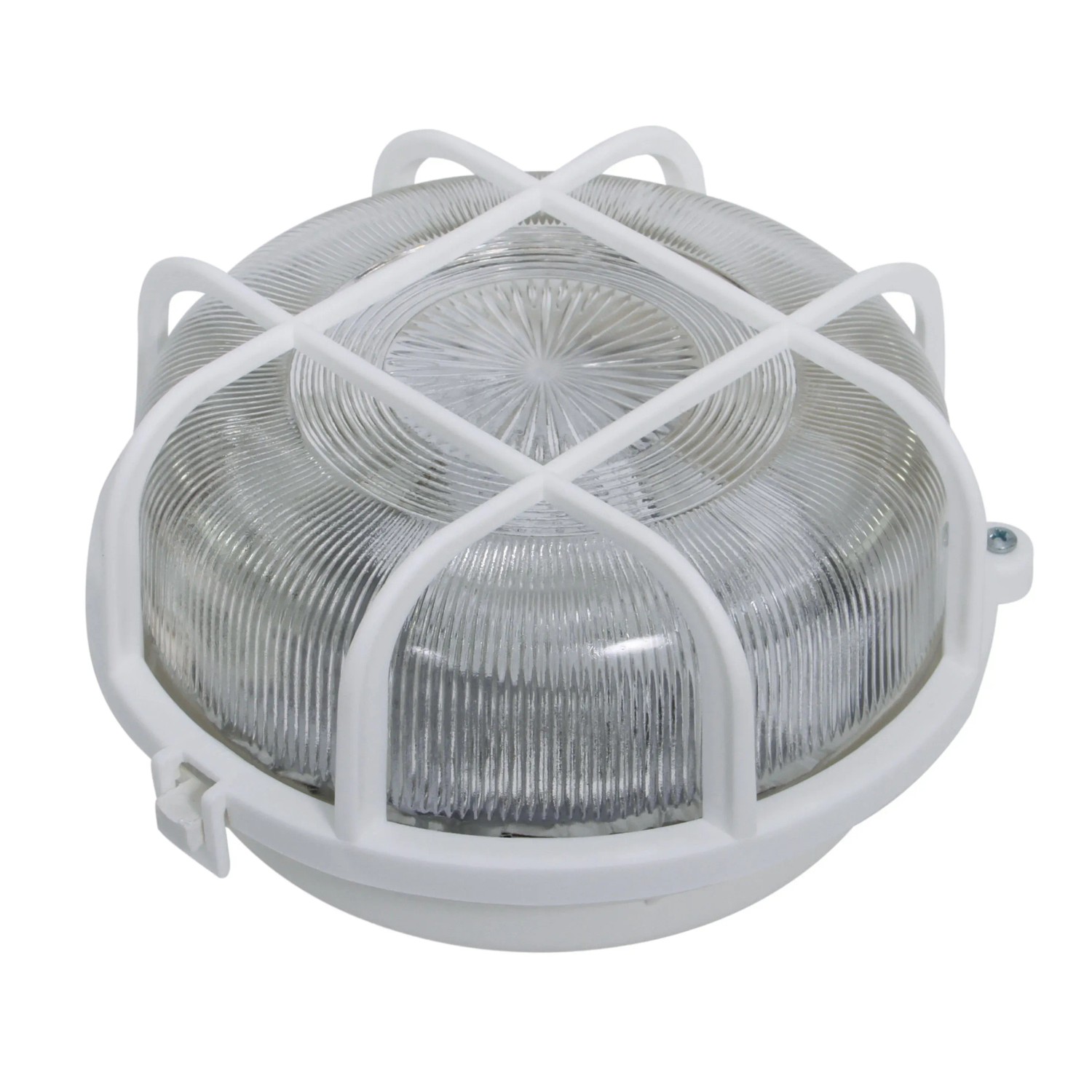 Biele okrúhle plastové svetlo s ochrannou klietkou, 100W, vhodné do vlhkých priestorov. Biele okrúhle plastové svetlo s ochrannou klietkou, 100W, vhodné do vlhkých priestorov.