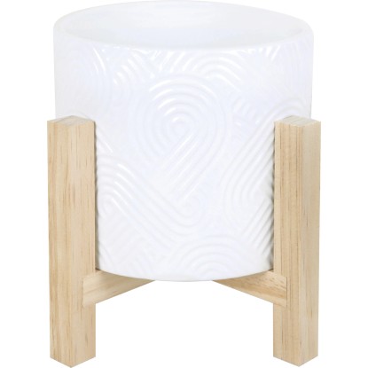 Keramický kvetináč s dreveným podstavcom, biela, pr. 16 x 18 cm Keramický kvetináč s dreveným podstavcom, biela, pr. 16 x 18 cm