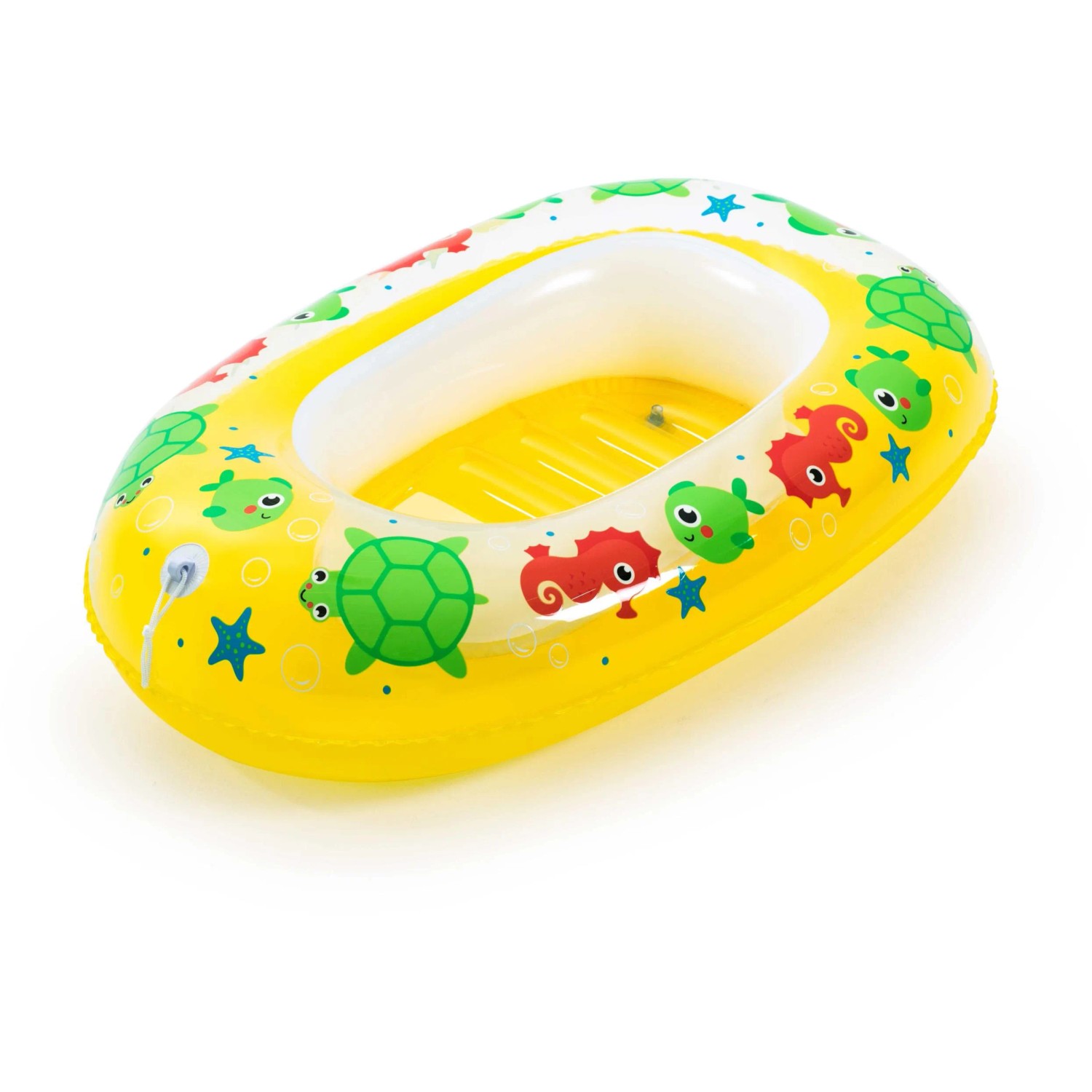 Žltý nafukovací čln Bestway Kiddie Raft, 91x61 cm, s farebnými morskými motívmi pre deti. Žltý nafukovací čln Bestway Kiddie Raft, 91x61 cm, s farebnými morskými motívmi pre deti.