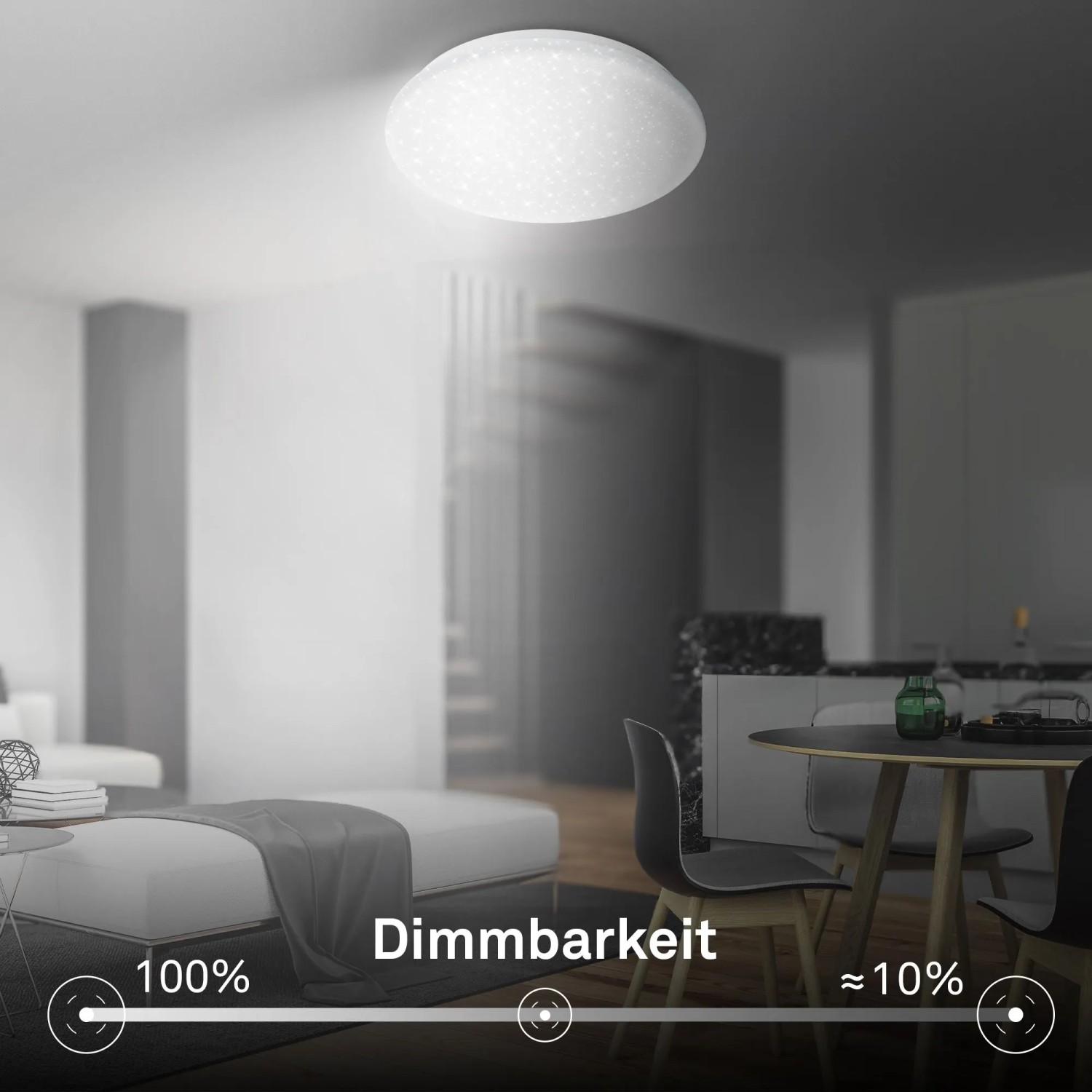 Brilo LED stropné svietidlo, biele, okrúhle, efekt hviezdnej oblohy. Stmievateľné od 100% do 10% v modernom interiéri. Brilo LED stropné svietidlo, biele, okrúhle, efekt hviezdnej oblohy. Stmievateľné od 100% do 10% v modernom interiéri.