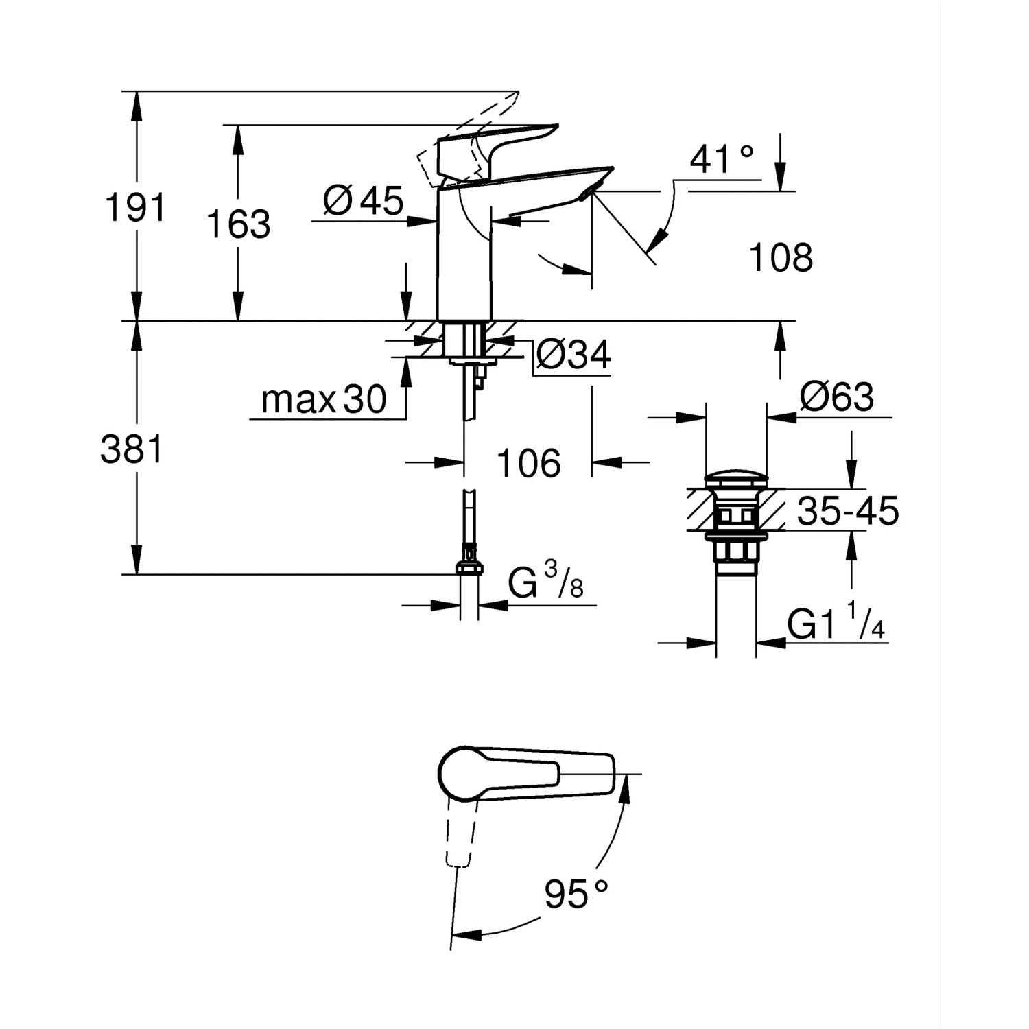 Technický nákres: Umývadlová batéria Grohe QuickFix Start Alira M-Size, chróm, rozmery a detaily. Technický nákres: Umývadlová batéria Grohe QuickFix Start Alira M-Size, chróm, rozmery a detaily.