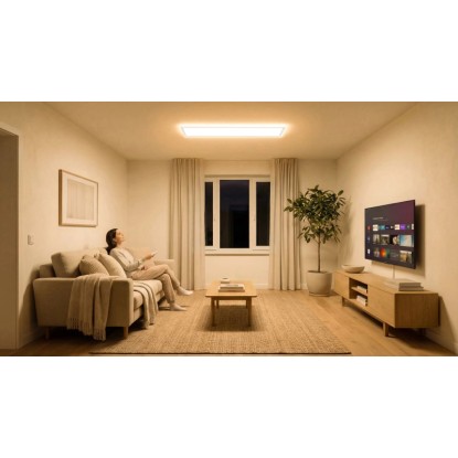 Obdĺžnikový LED panel Osram Planon Easyfix na strope, teplé biele svetlo, žena ovláda diaľkovým ovládačom. Obdĺžnikový LED panel Osram Planon Easyfix na strope, teplé biele svetlo, žena ovláda diaľkovým ovládačom.