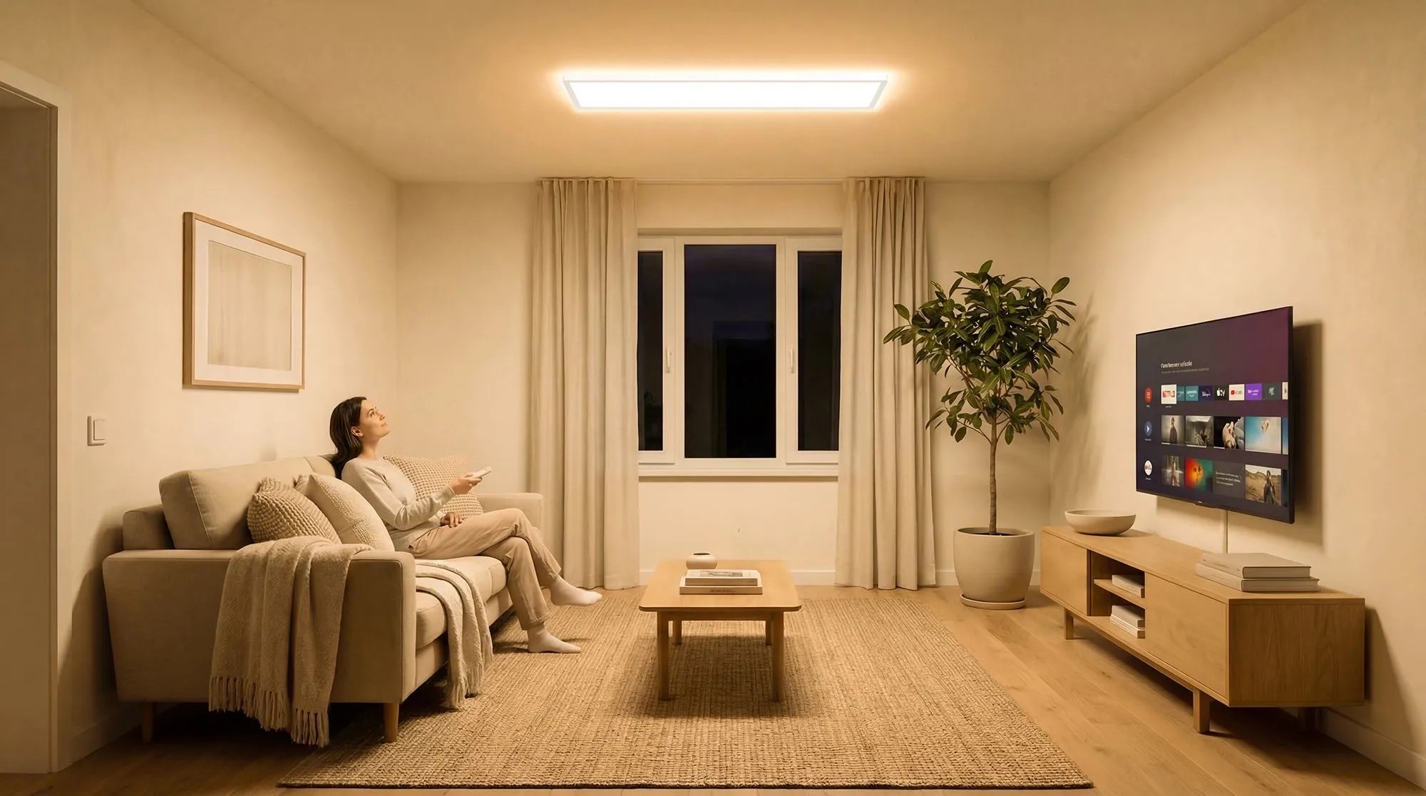 Obdĺžnikový LED panel Osram Planon Easyfix na strope, teplé biele svetlo, žena ovláda diaľkovým ovládačom. Obdĺžnikový LED panel Osram Planon Easyfix na strope, teplé biele svetlo, žena ovláda diaľkovým ovládačom.