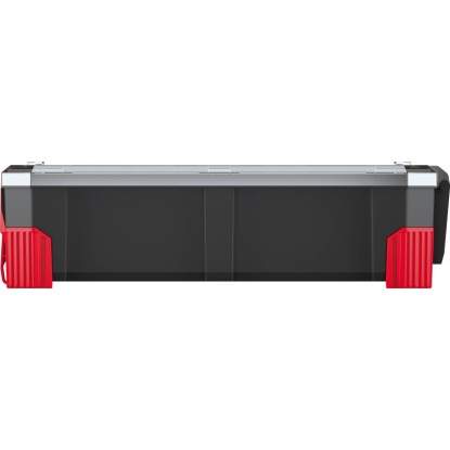 Čierny organizér na náradie s 10 priehradkami a červenými prvkami. Čierny organizér na náradie s 10 priehradkami a červenými prvkami.