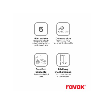 Detaily sprchovacieho kúta Ravak: 5 rokov záruka, sklo AntiCalc, zdvihový mechanizmus, súčasť konceptu. Detaily sprchovacieho kúta Ravak: 5 rokov záruka, sklo AntiCalc, zdvihový mechanizmus, súčasť konceptu.
