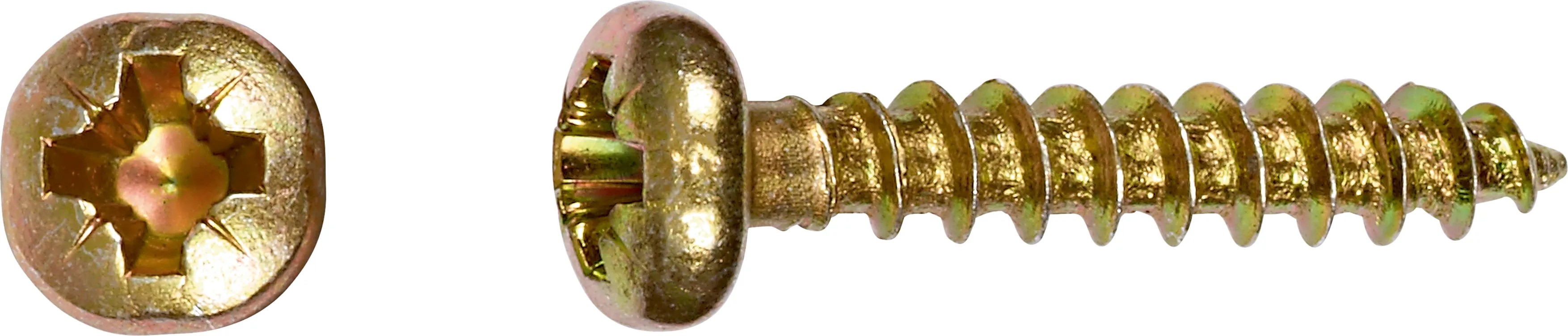 Žlto pozinkovaná skrutka do drevotriesky 4x16 mm s polguľatou hlavou a PZ pohonom, 50 kusov. Žlto pozinkovaná skrutka do drevotriesky 4x16 mm s polguľatou hlavou a PZ pohonom, 50 kusov.
