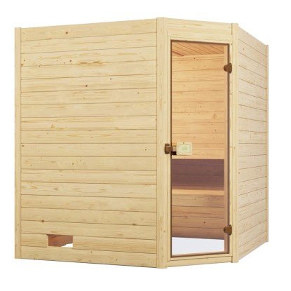 Rohová sauna Weka Valida z masívneho dreva so sklenenými dverami, prírodný smrek. Sauna pre rohovú inštaláciu. Rohová sauna Weka Valida z masívneho dreva so sklenenými dverami, prírodný smrek. Sauna pre rohovú inštaláciu.
