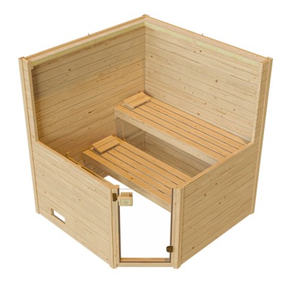 Rohová sauna z masívneho dreva Weka Valida so sklenenými dverami, bez kachlí. Prírodný smrek, dve lavice. Rohová sauna z masívneho dreva Weka Valida so sklenenými dverami, bez kachlí. Prírodný smrek, dve lavice.